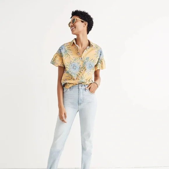 Madewell Ruffle-Sleeve Button-Down Shirt in Painted Blooms - Picture 1 of 8